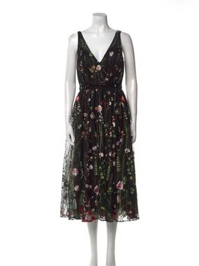 Ieena for Mac Duggal Black Floral Embroidered V-Neck Midi Dress -never worn